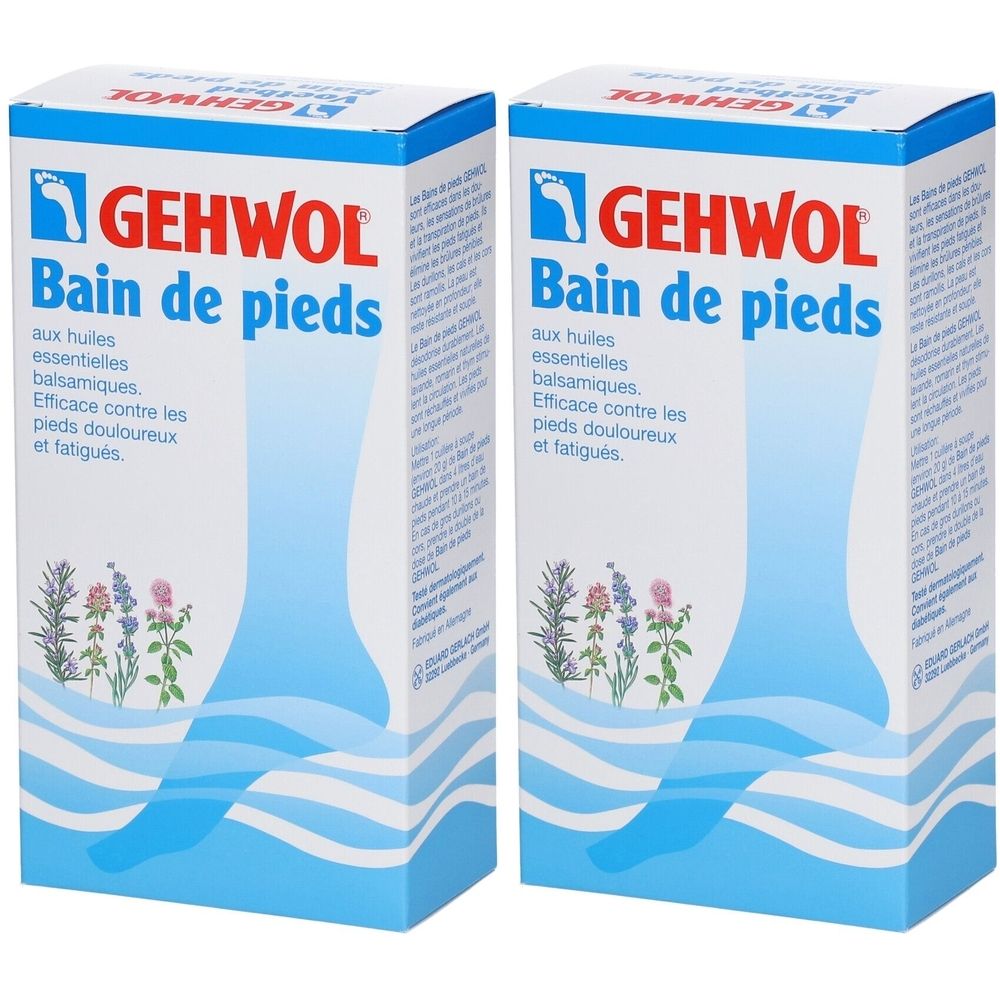 Twee dozen met "GEHWOL Bain de pieds". Blauw-witte verpakking met voetillustratie en tekst.