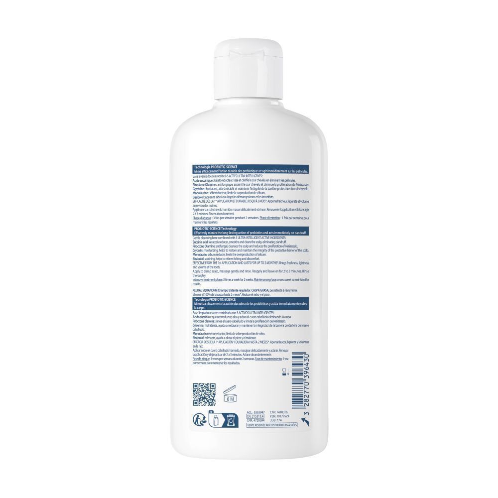 Dos d'un flacon de shampooing blanc. Texte multilingue. Logos et code QR.