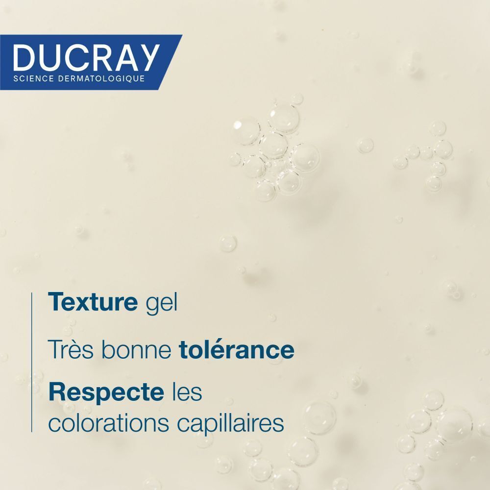 Gros plan d'une texture gélifiée avec des bulles. Texte : Texture gel, Très bonne tolérance, Respecte les colorations capillaires.