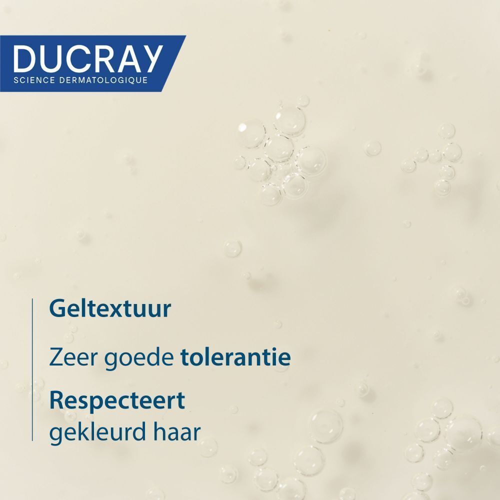 Close-up van een gelachtige textuur met bellen. Tekst: Geltextuur, Zeer goede tolerantie, Respecteert gekleurd haar.