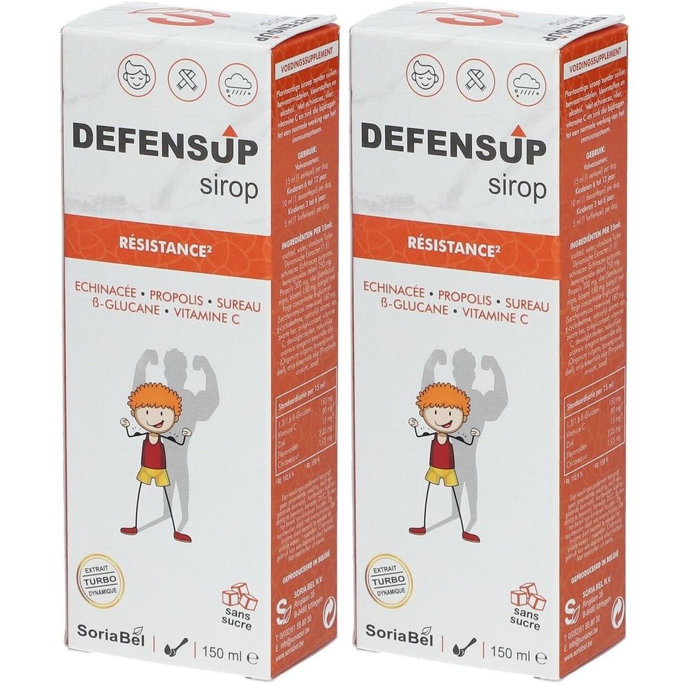 Twee rechthoekige dozen met DEFENSUP Sirop-label. Bevat echinacea, propolis, vlierbes, bèta-glucaan en vitamine C. Merk SoriaBel.
