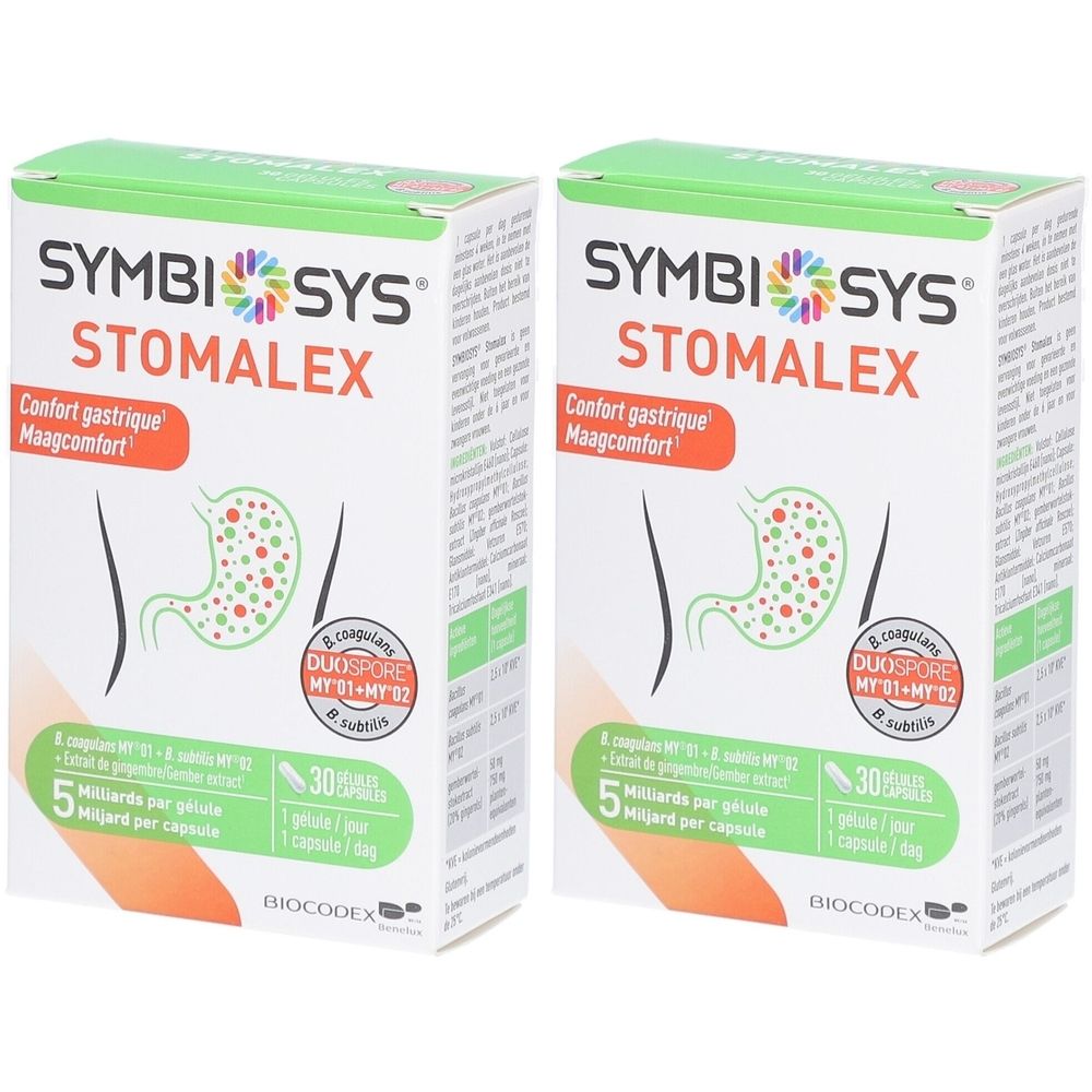 Twee dozen Symbiosys Stomalex. Opschrift: merk, productnaam, maagillustratie, 30 capsules, DuoSpore, 5 miljard per capsule.