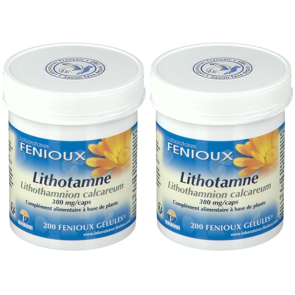 Deux pots blancs avec étiquettes bleu et jaune. Inscription: FENIOUX Lithotamne, 380 mg/caps, 200 Gélules.