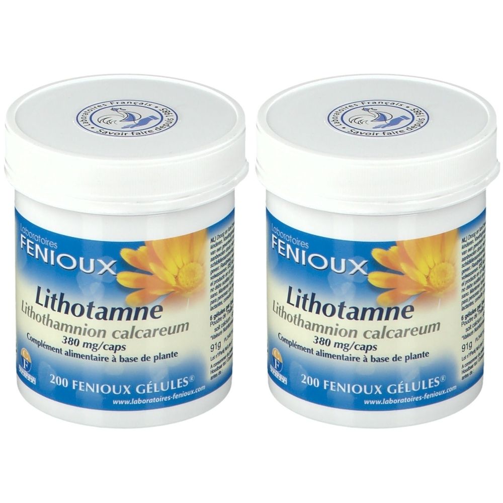 Twee witte potten met geel-blauwe etiketten. Opschrift: Laboratoires FENIOUX, Lithotamne, 380 mg/caps, 200 Gélules.