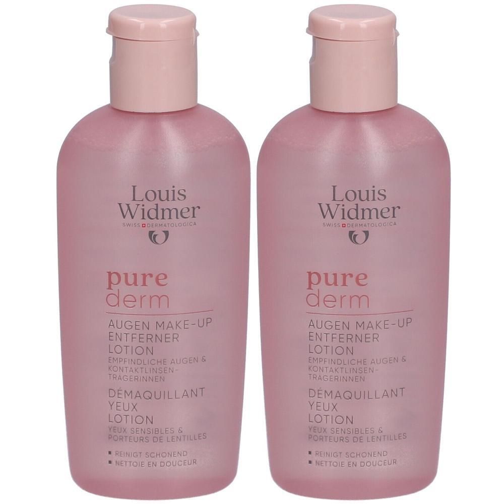 Twee flessen Louis Widmer Purederm oog make-up remover lotion. Roze flessen met roze dop. Tekst: Purederm, oog make-up remover.