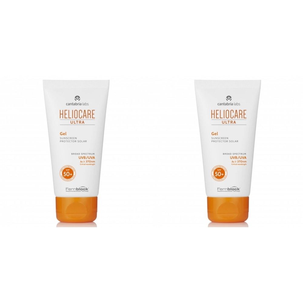 Deux tubes de crème solaire. Boîtier blanc avec base orange. Texte: Heliocare Ultra Gel, SPF 50+, UVA/UVB.