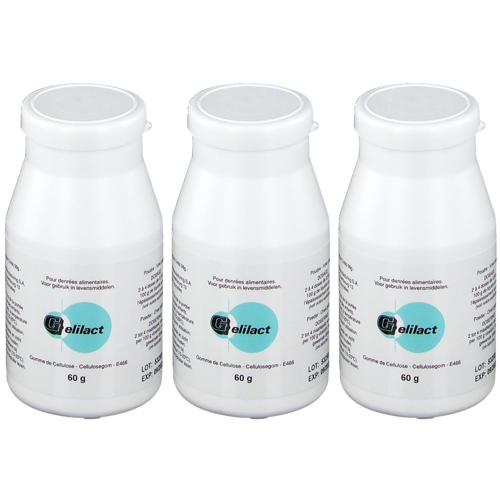 Trois flacons blancs avec couvercles. Chaque flacon porte "Gelilact" et "Gomme de Cellulose - E466". Chaque flacon contient 60 g.