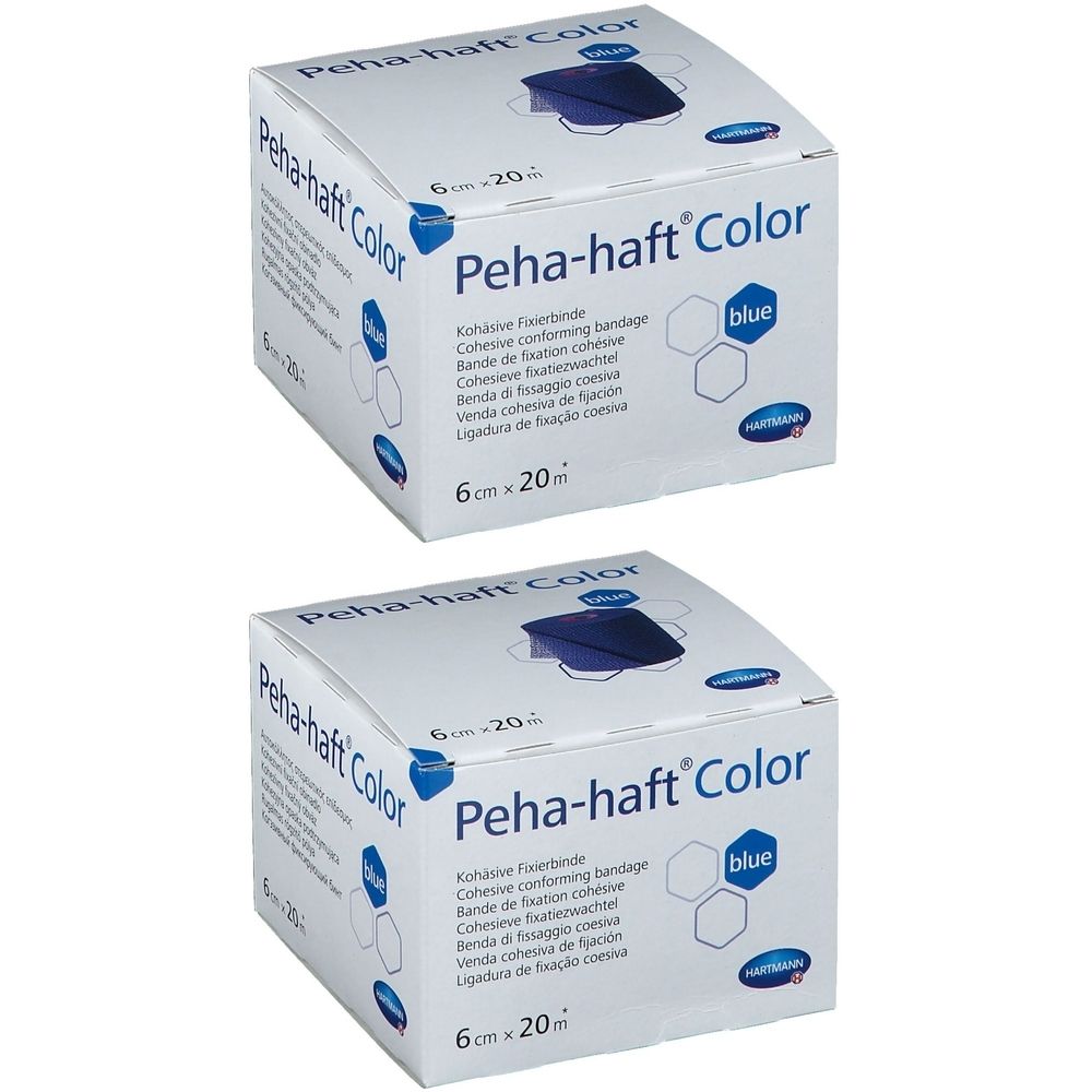 Twee dozen Peha-haft Color, 6cm x 20m. Opschrift: Cohesieve fixatiewindsel, blauw. Hartmann logo.
