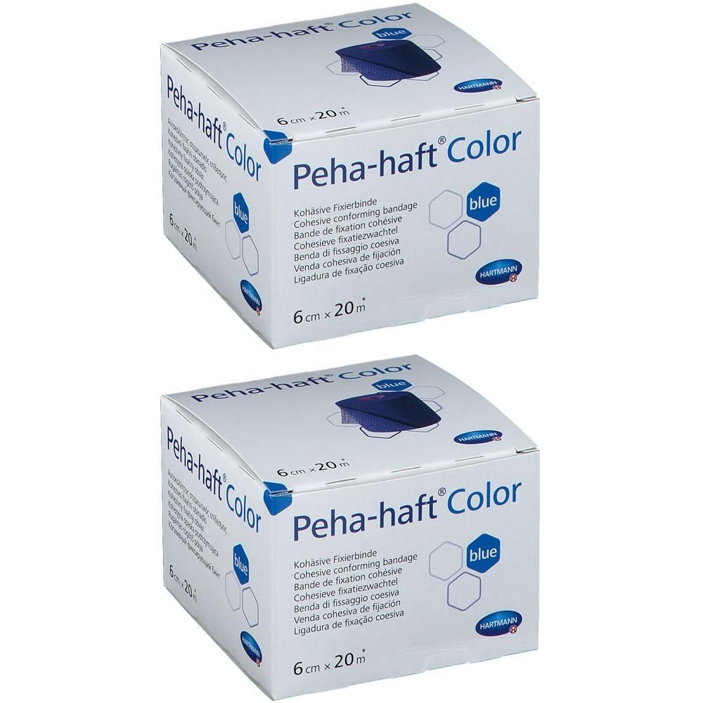Twee verpakkingen Peha-haft Color, 6 cm x 20 m, blauw. Opschrift: Kohäsive fixatiezwachtel. Hartmann logo.
