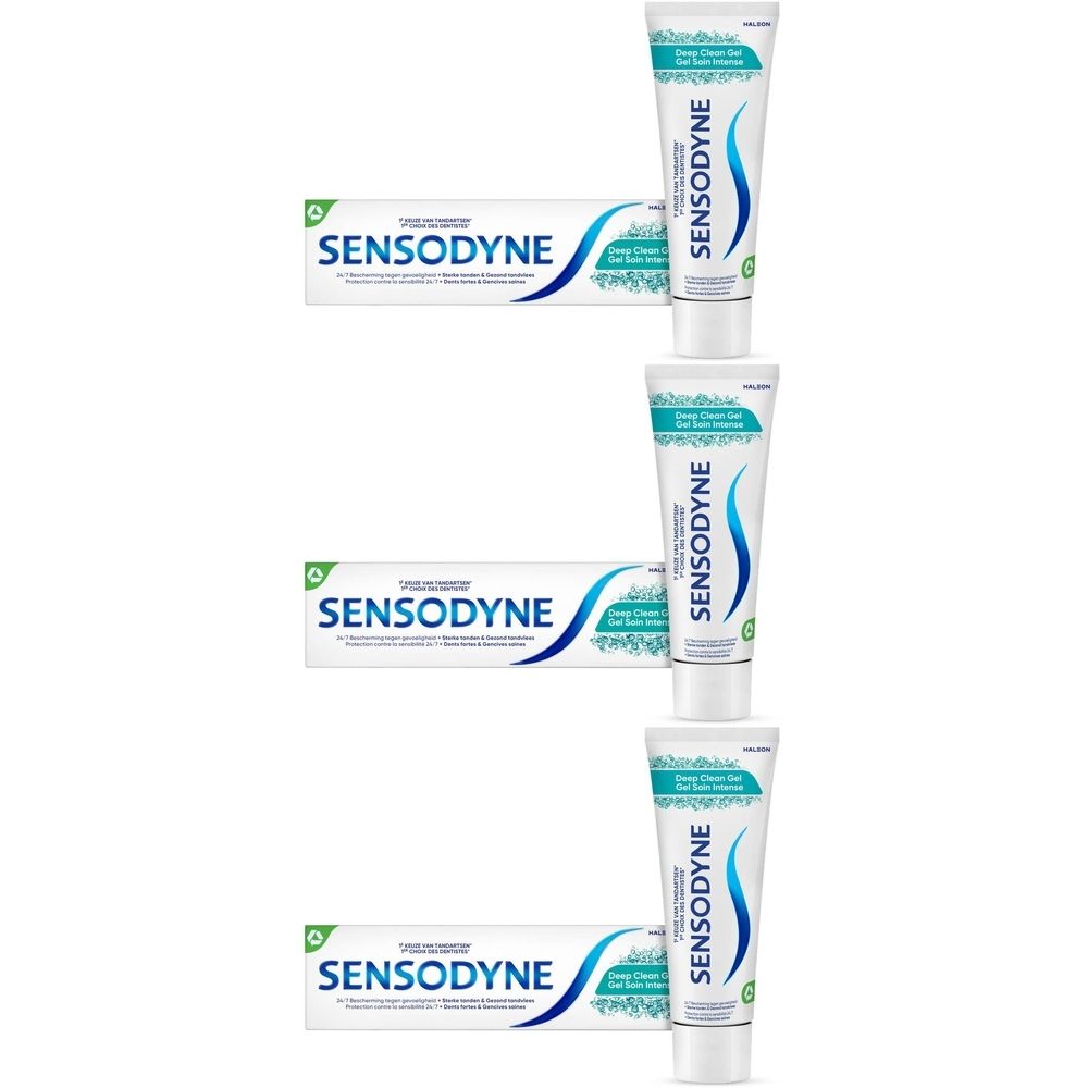 Tubes et boîtes de dentifrice. Marque Sensodyne. Tubes de dentifrice en gel avec une ligne incurvée bleue. Boîtes avec logo vert.