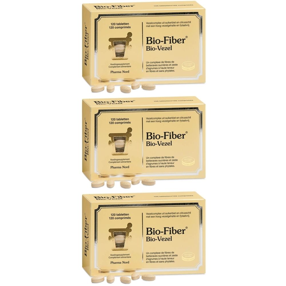 Drie dozen Bio-Fiber met tabletten. Opschrift: Bio-Fiber, 120 tabletten. Pharma Nord.