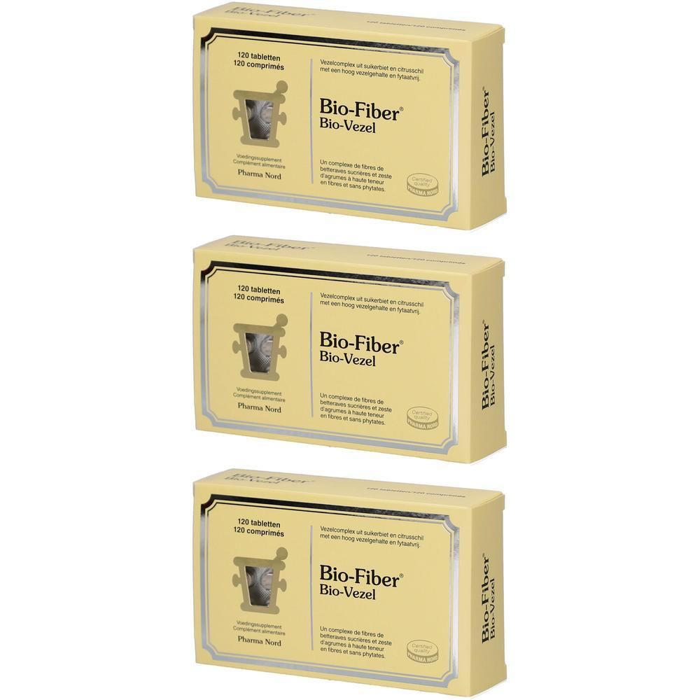 Drie dozen Pharma Nord Bio-Fiber®. Gele verpakking met productnaam en logo. Bevat 120 tabletten.