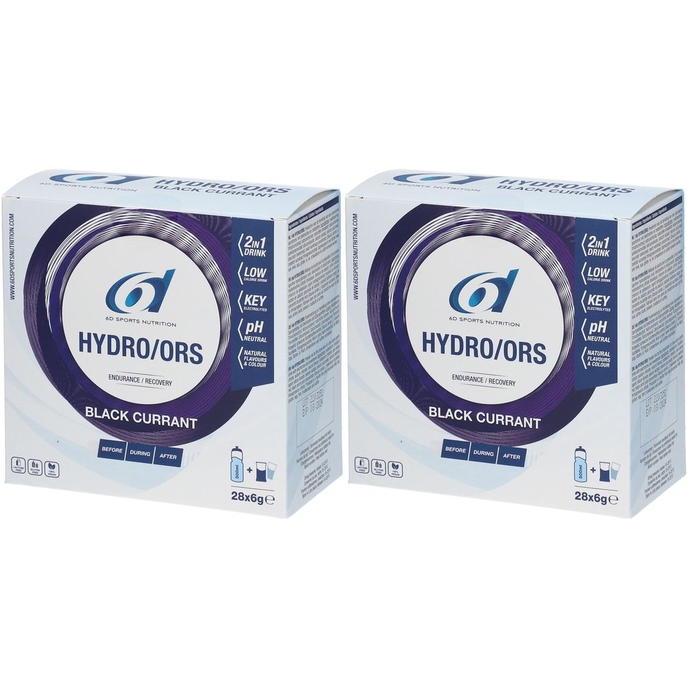 Deux boîtes de HYDRO/ORS. Inscription: Black Currant. Logo: 6D SPORTS Nutrition. Contient 28x6g.