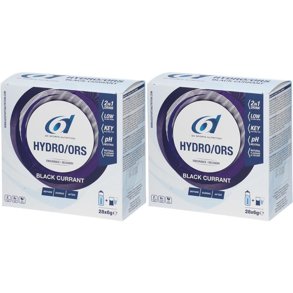 Twee dozen 6D SPORTS NUTRITION HYDRO/ORS Black Currant. Witte verpakking met logo en productinformatie. 28x6g.