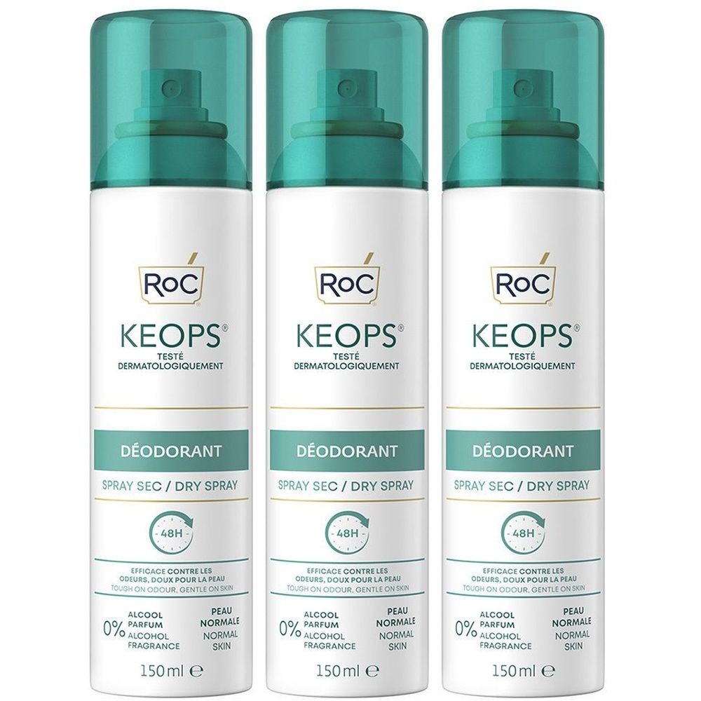 Drie RoC Keops deodorant sprays. Witte flessen met groene doppen. Tekst: Keops, Déodorant, Dry Spray, 48H, 0% alcohol.