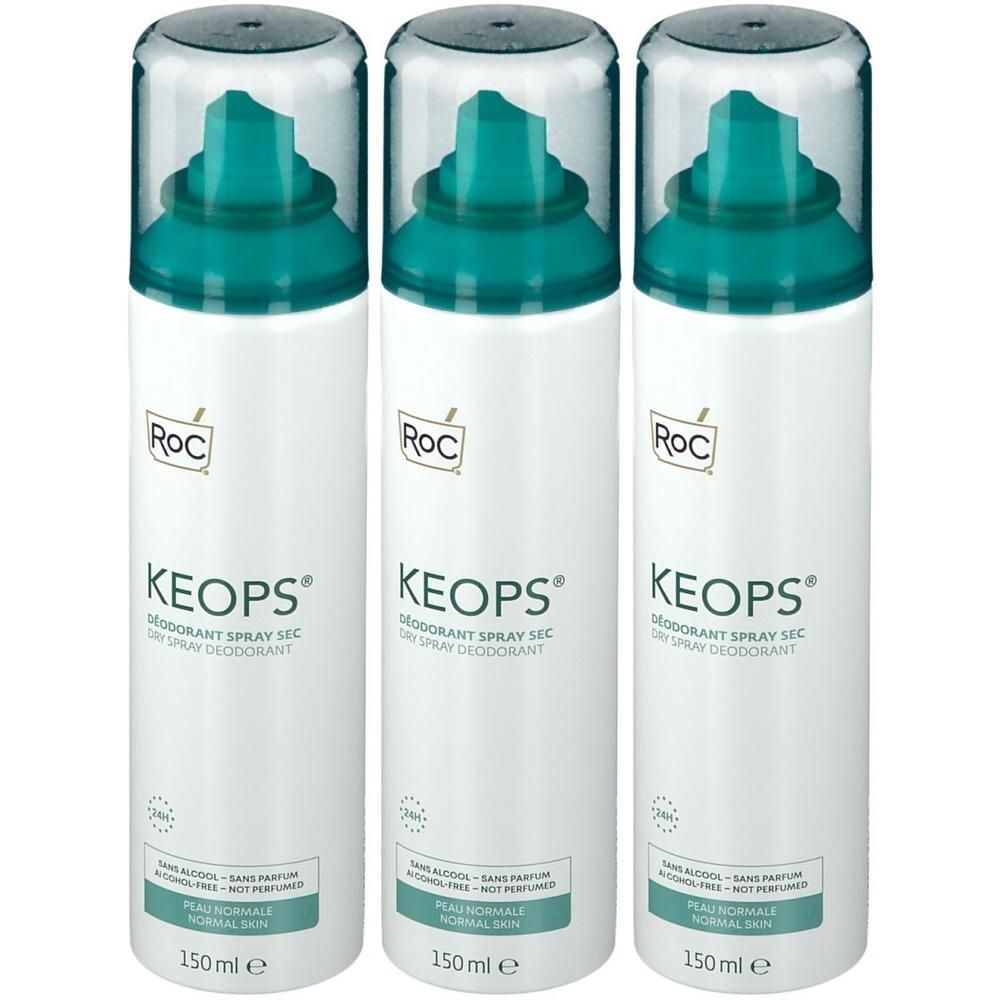 Drie RoC Keops deodorant sprays. Witte flessen met groene dop en tekst. 150 ml.