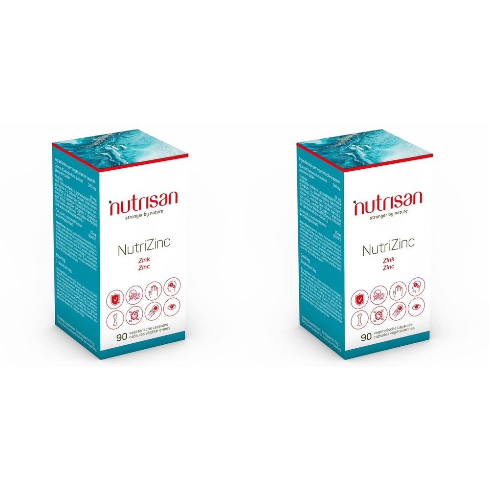 Twee dozen Nutrisan Nutrizinc. Turkoois-wit ontwerp met rood logo. Opschrift NutriZinc, 90 capsules. Diverse pictogrammen.