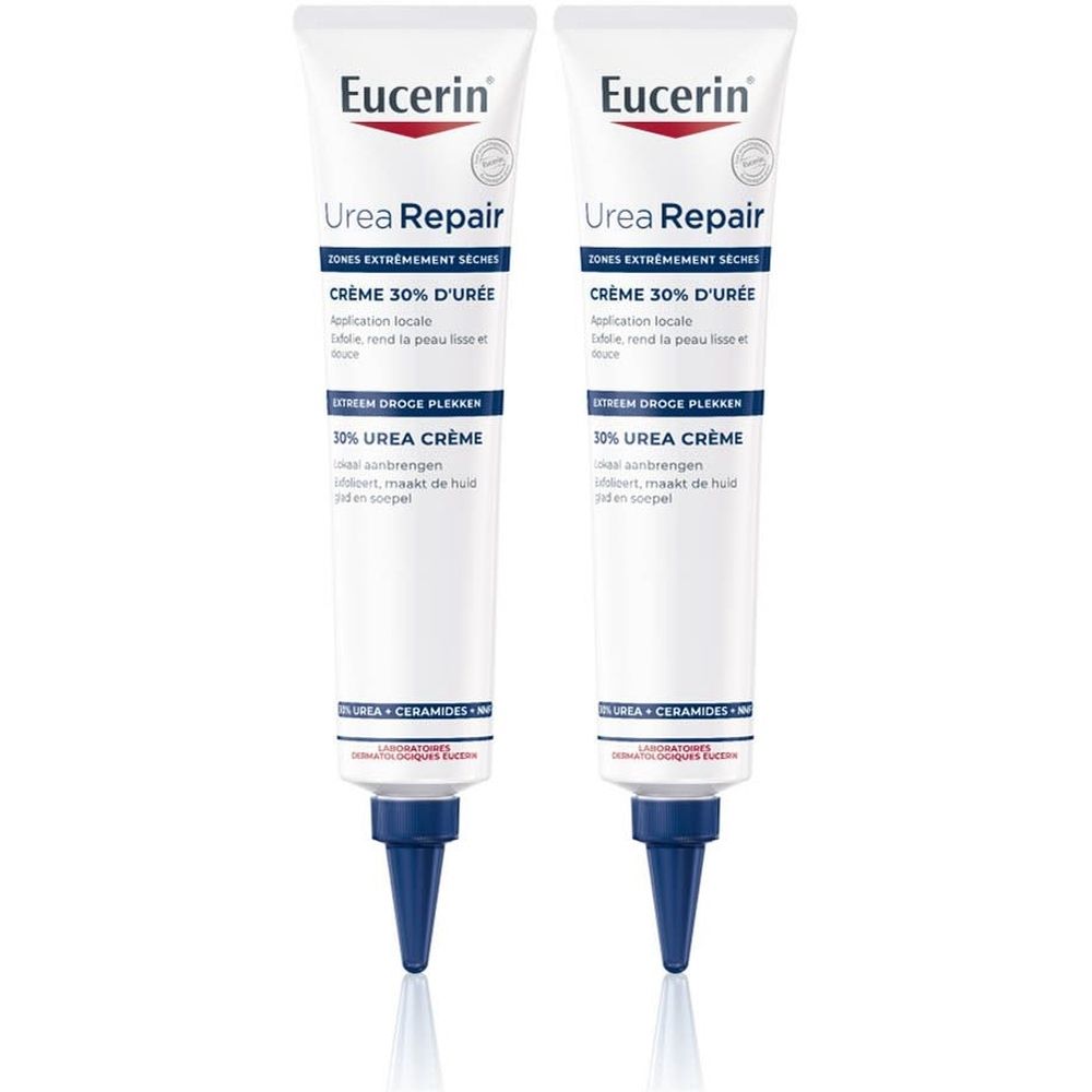 Deux tubes de Eucerin UreaRepair Crème 30% d'Urée. Tubes blancs, texte bleu, embout bleu. Logo et nom de produit visibles.