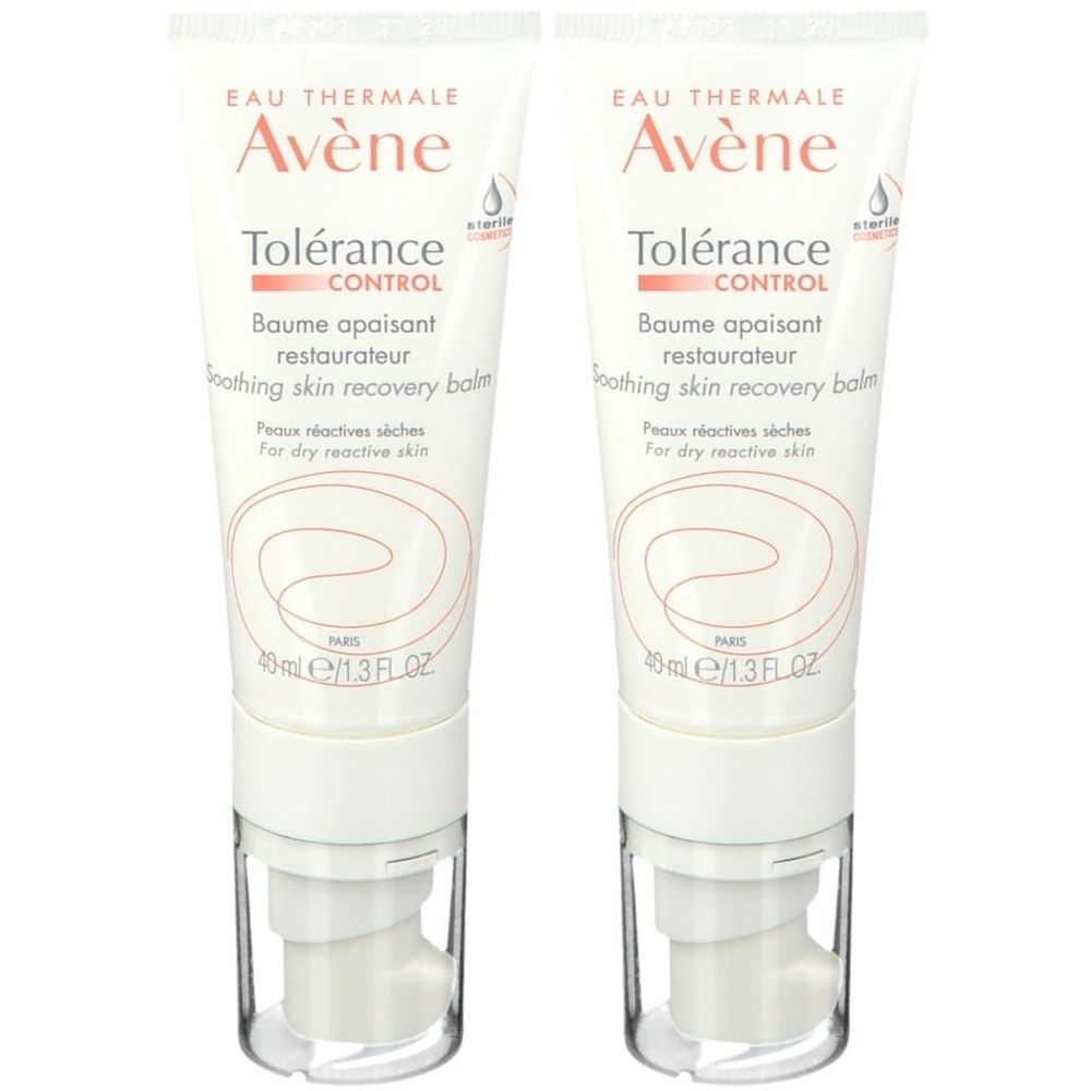 Twee tubes Avène Tolerance CONTROL. Wit, met tekst en doseerpomp. Voor de droge, reactieve huid.