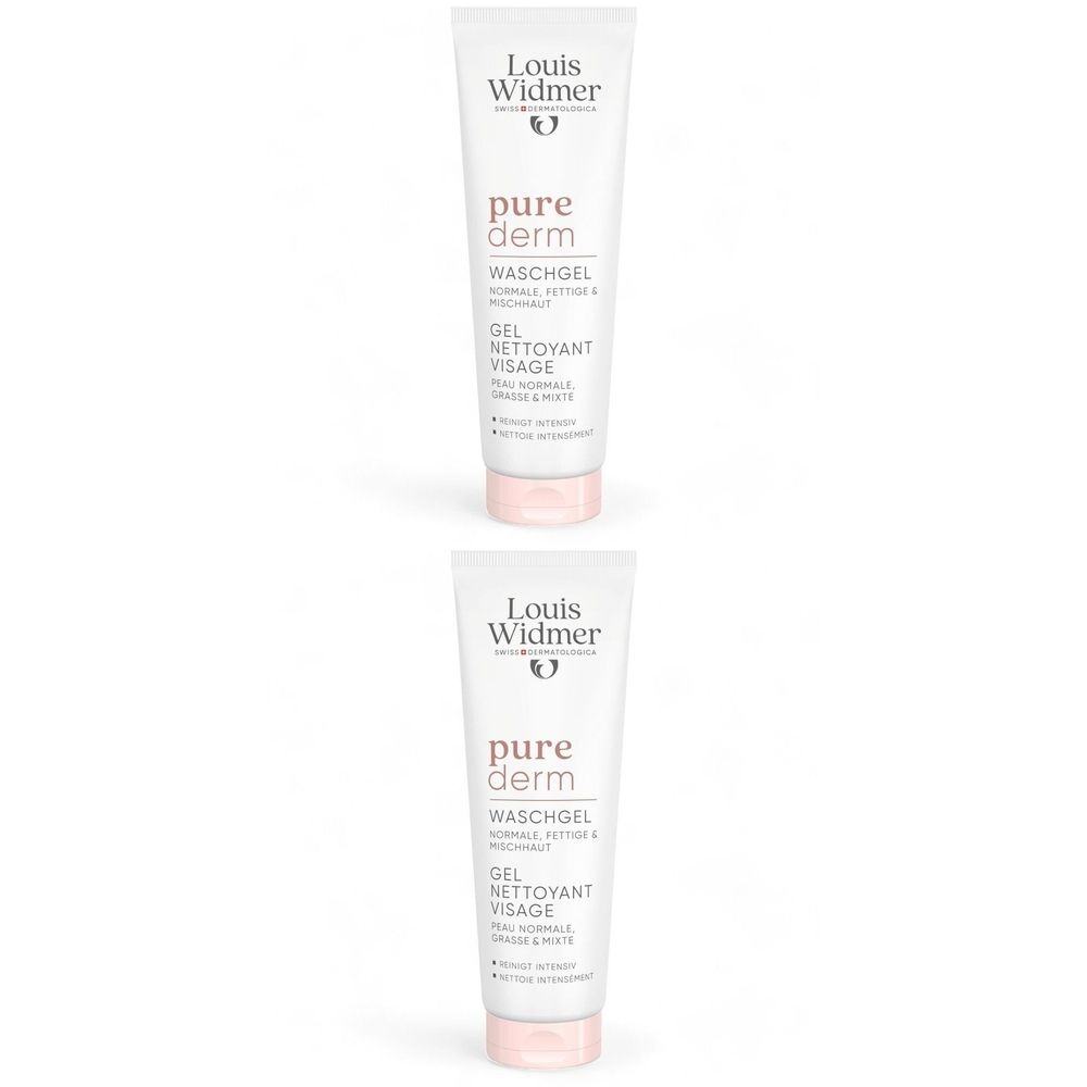 Twee tubes Louis Widmer Purederm wasgel. Witte tubes met roze dop. Opschrift: pure derm, Waschgel, Gel Nettoyant Visage.