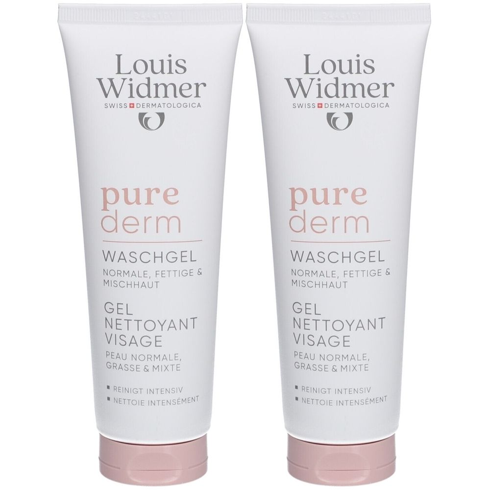 Twee tubes Louis Widmer Purederm wasgel. Wit, met roze dop. Tekst: pure derm, Waschgel, Gel Nettoyant Visage.