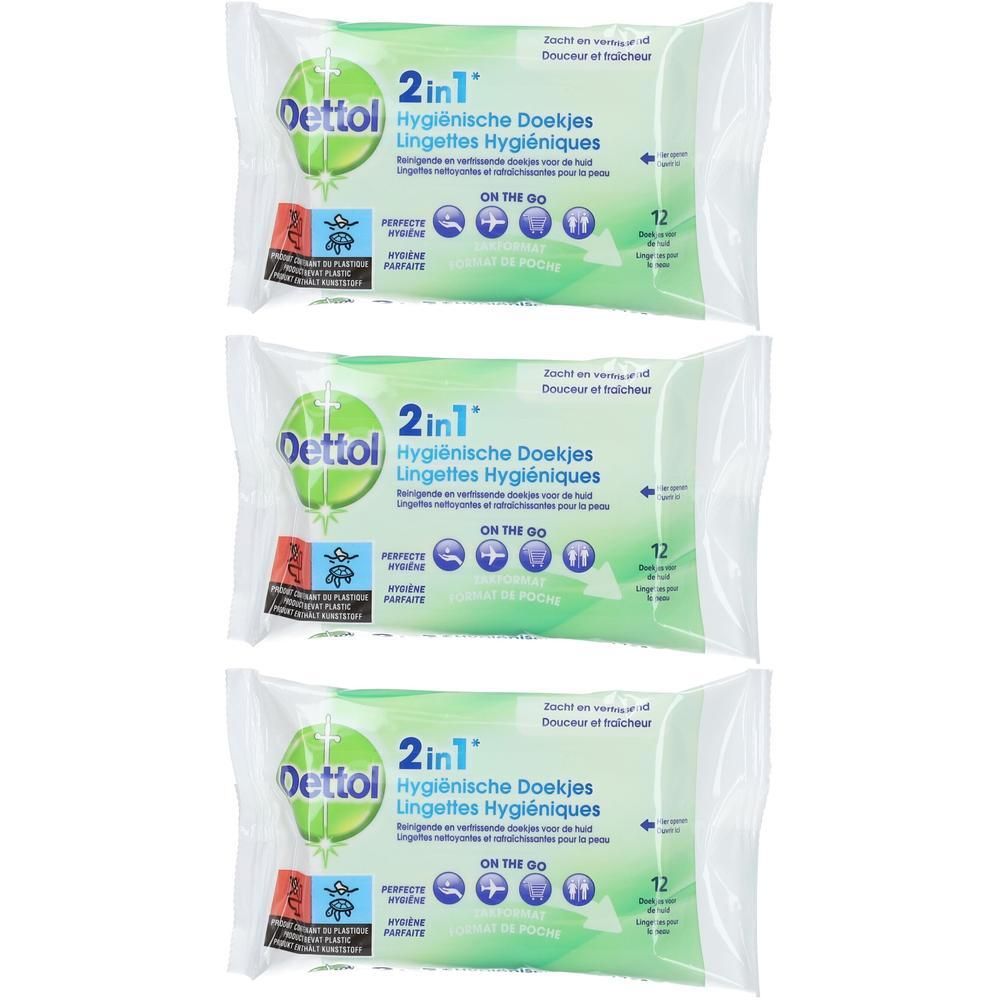 Trois paquets de lingettes hygiéniques Dettol 2en1. Emballage avec texte vert et blanc. 12 lingettes par paquet.