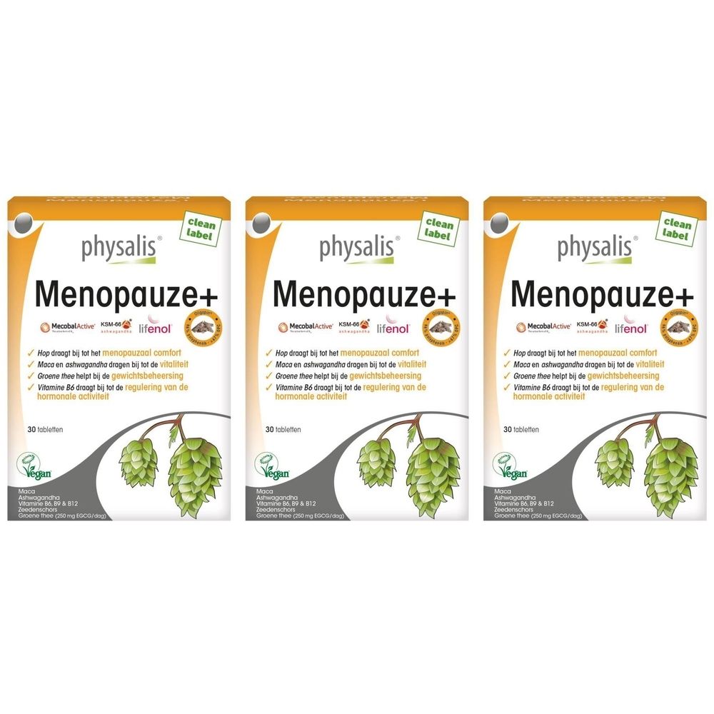 Drie verpakkingen Physalis® Ménopause+ met tekst en hop-illustratie. Vegan-label.