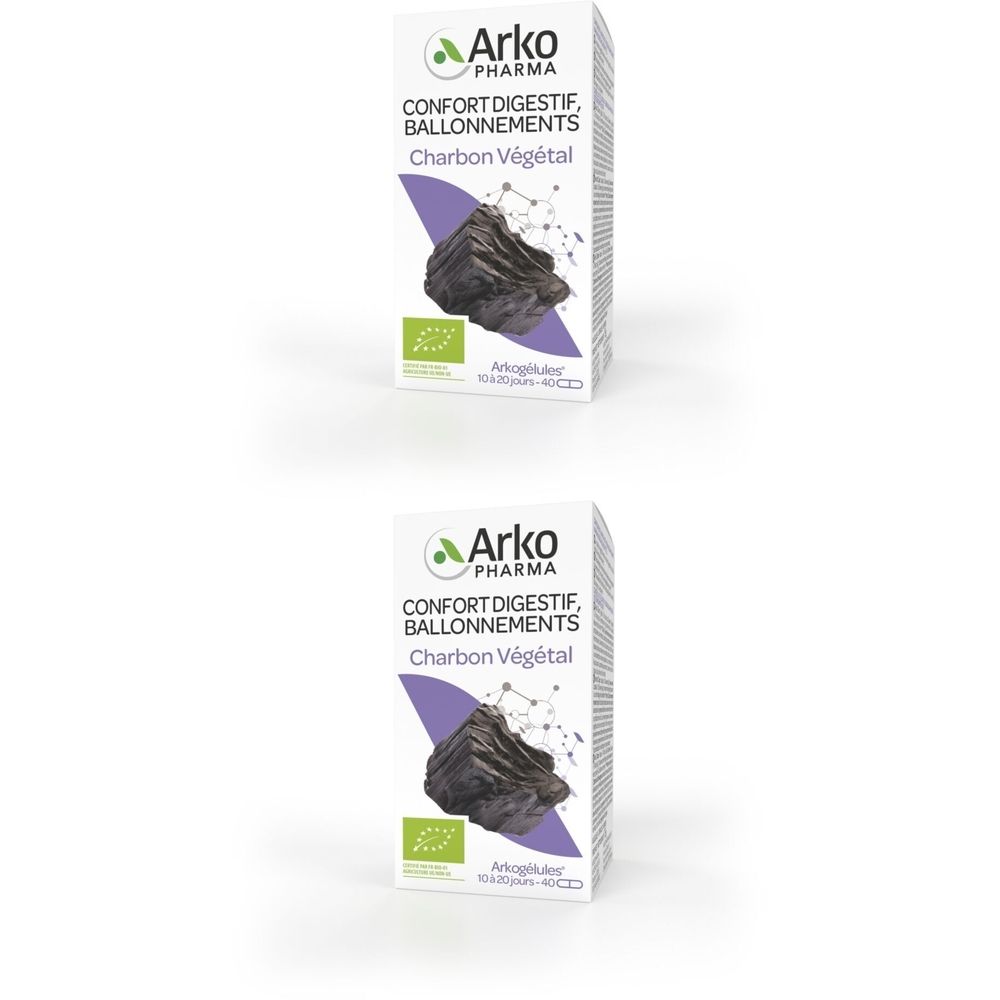 Boîte Arkogélules Charbon Végétal Bio. Blanche, logo et nom du produit. Label bio.