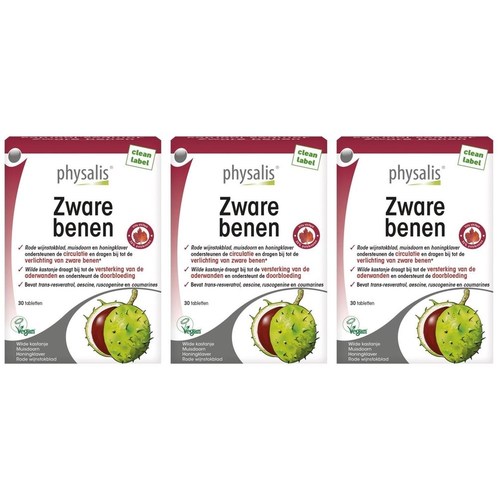 Drie verpakkingen Physalis Zware benen. Rode en witte verpakking met productnaam en kastanje-illustratie. 30 tabletten.