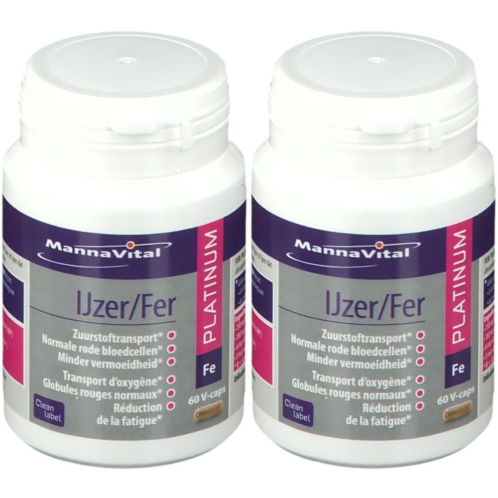 Deux flacons blancs avec étiquettes violettes. Inscription: MannaVital Ijzer/Fer Platinum. Contient 60 capsules. Symbole Fe.