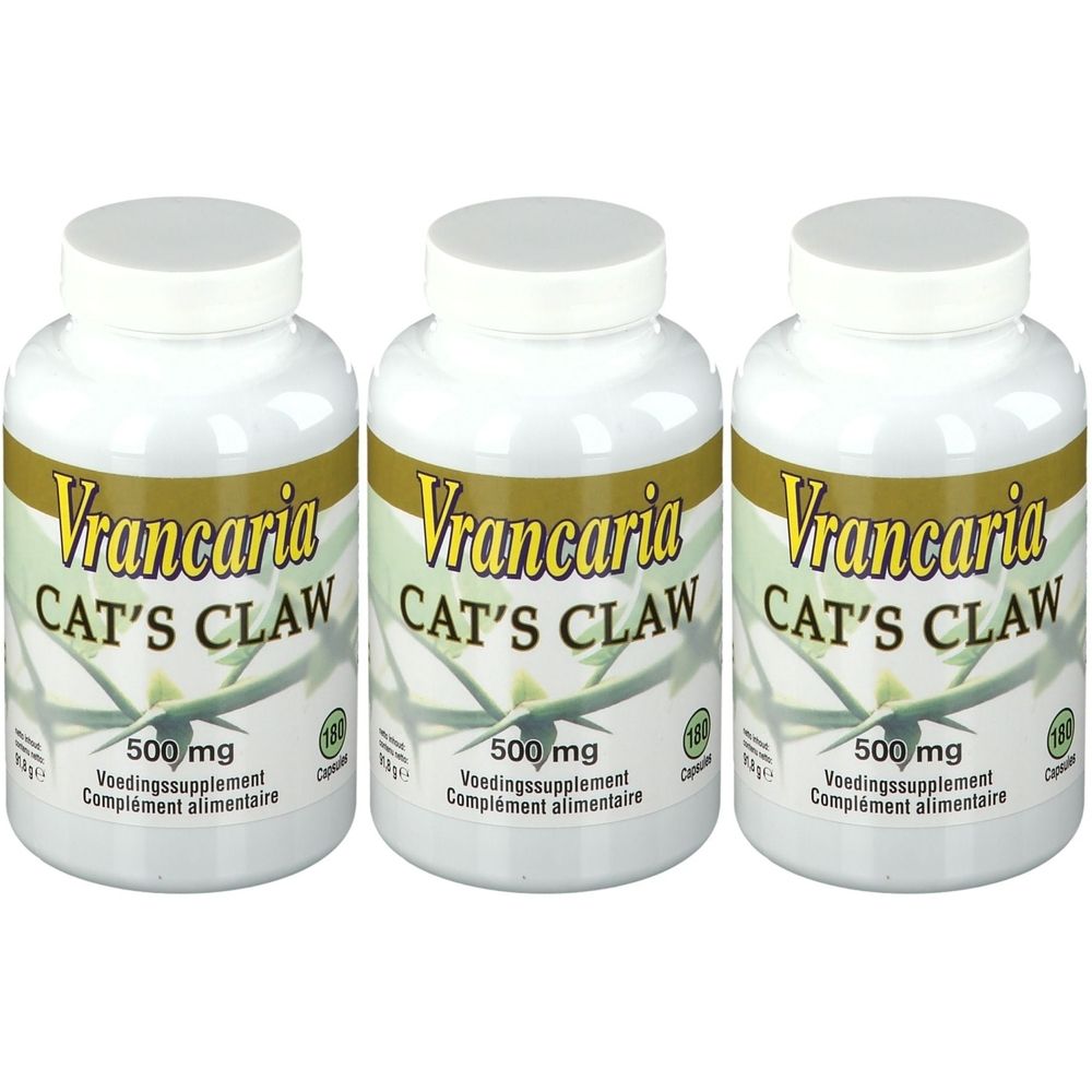 Drie witte flessen met etiketten. Opschrift: Vrancaria CAT'S CLAW, 500 mg. Voedingssupplement. 180 capsules.
