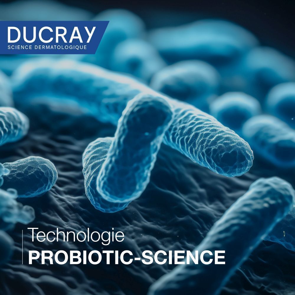 Représentation microscopique de bactéries. Texte : "Technologie PROBIOTIC-SCIENCE".
