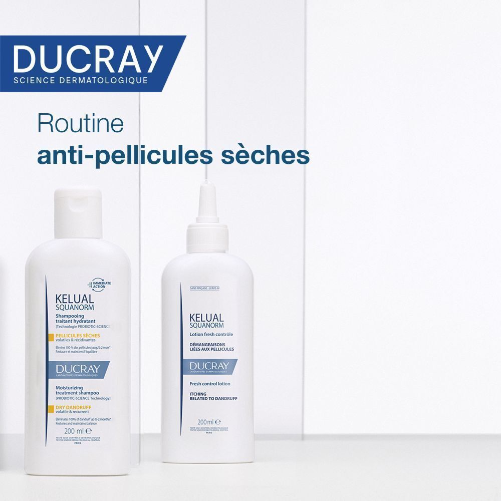 Deux flacons de shampooing. Texte : "Routine anti-pellicules sèches".