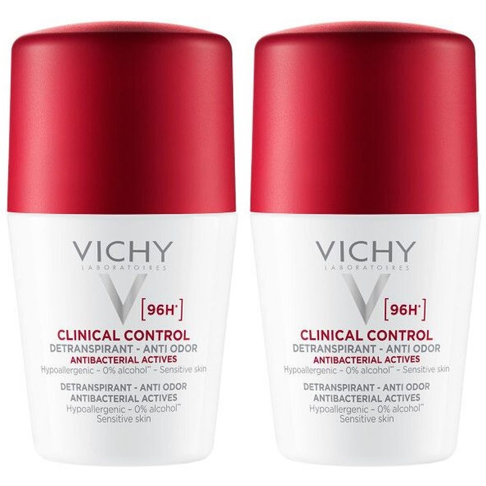 Deux déodorants roll-on avec bouchon rouge et flacon blanc. Inscription: Vichy Clinical Control, 96H, anti-odeur, actifs antibactériens.