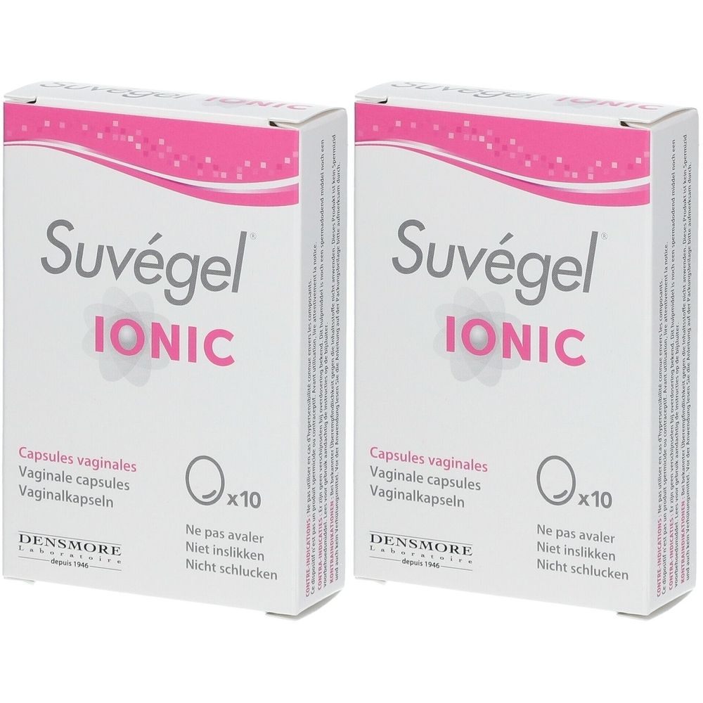 Twee dozen Suvégel Ionic. Witte verpakking met roze accenten. Opschrift: Capsules vaginales, x10, niet inslikken. Merk: Densmore.