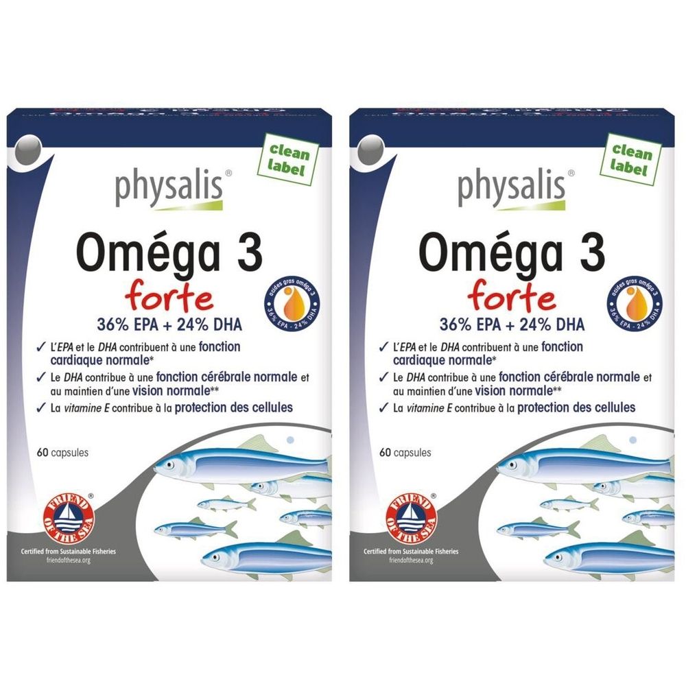 Deux boîtes Physalis Oméga 3 Forte. Inscription : 36% EPA + 24% DHA. 60 capsules. Produit certifié.