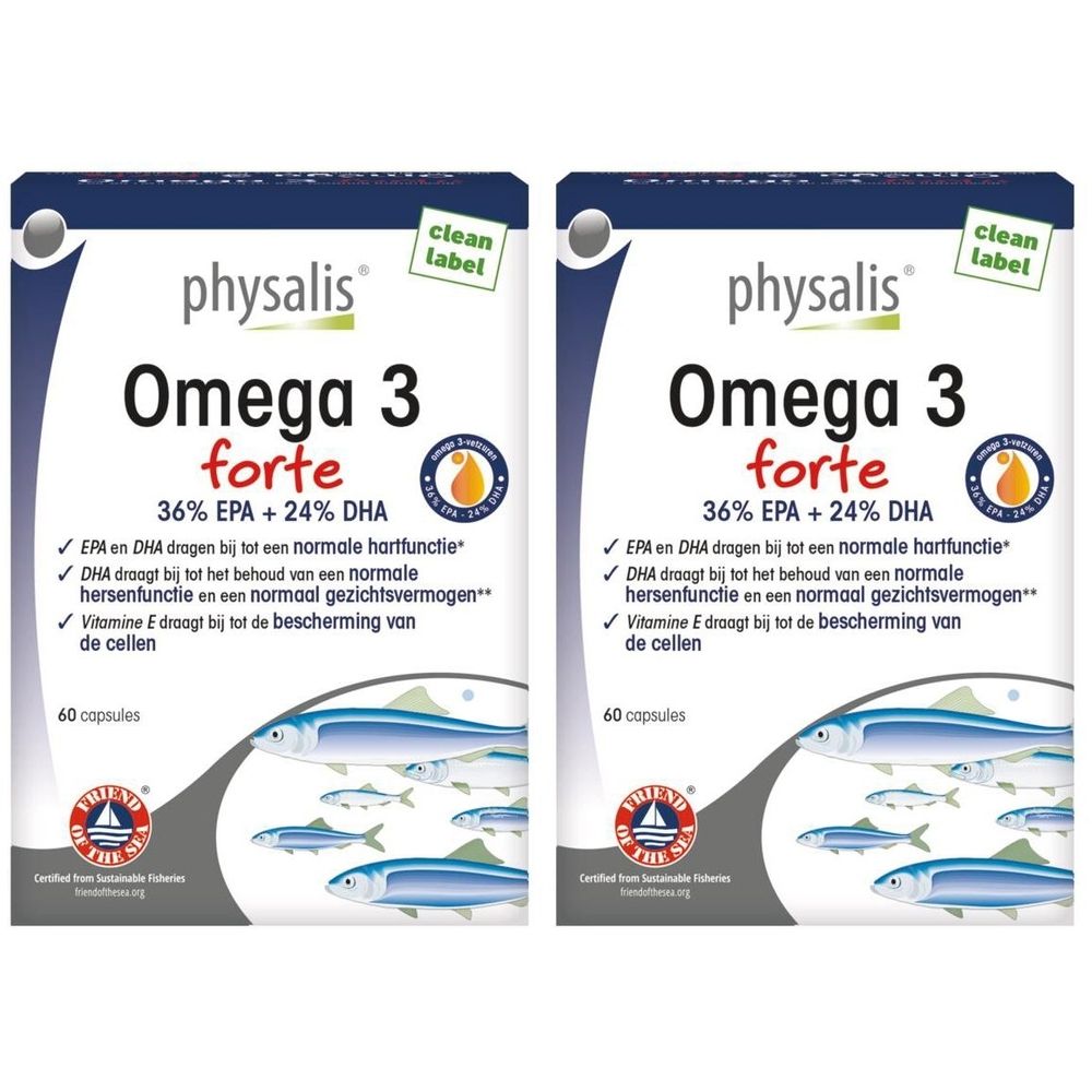 Twee dozen Physalis Oméga 3 Forte. Opschrift: 36% EPA + 24% DHA. 60 capsules. Gecertificeerd product.