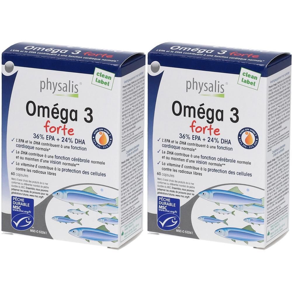 Twee dozen physalis® Omega 3 forte. Opschrift: Oméga 3 forte, 36% EPA + 24% DHA. Met vis-illustratie en MSC-label.