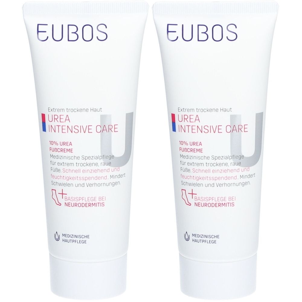 Twee tubes EUBOS Urea Intensive Care. Witte tubes met blauwe en rode tekst. Tekst: 10% Urea Voetcrème. Medische huidverzorging.