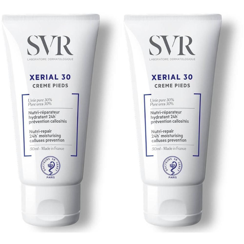 Twee tubes SVR XÉRIAL 30 voetcrème. Witte tubes met blauwe tekst. Tekst: XÉRIAL 30, Crème Pieds, Nutri-réparateur, 24h hydratatie.