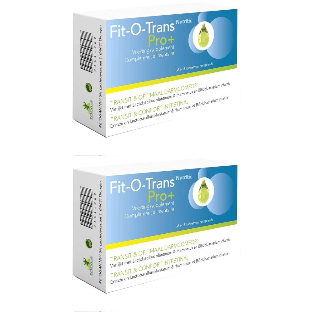 Twee dozen Fit-O-Trans Pro+. Opschrift: Voedingssupplement, Transit & Optimaal Darmcomfort, Transit & Confort Intestinal. Blauwe en witte verpakking.