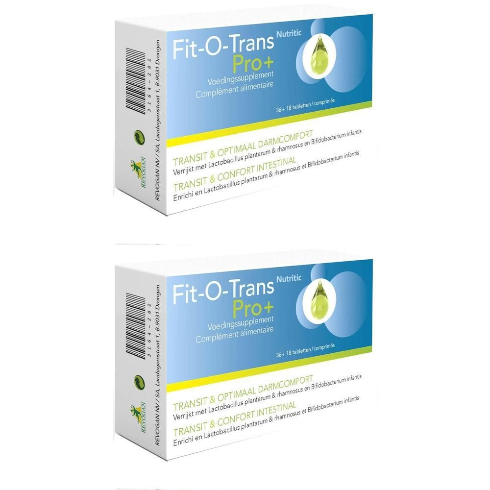 Deux boîtes blanches avec impression du produit. Inscription : Fit-O-Trans Pro+. Complément alimentaire pour le confort intestinal.