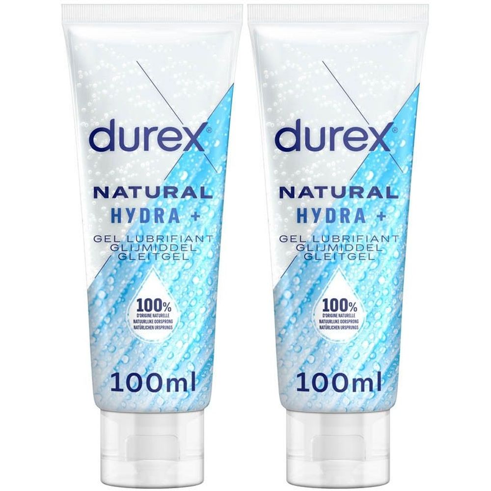 Deux tubes de lubrifiant Durex Natural Hydra+. Ingrédients 100% naturels. Contenance: 100ml. Fond blanc avec motifs bleus.