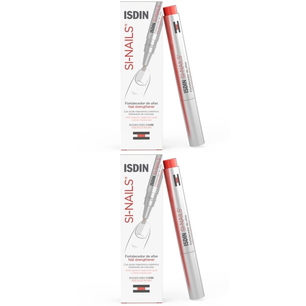 Deux stylos à capuchon rouge et corps argenté, à côté d'une boîte blanche avec des informations sur le produit. Inscription : ISDIN Si-Nails.