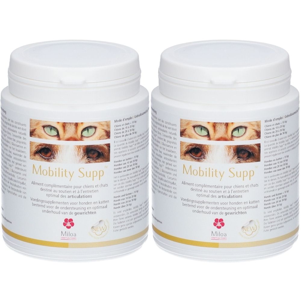 Twee witte potten met deksels. Etiket met kattenogen, tekst Mobility Supp, Miloa logo. Voedingssupplement voor honden en katten.