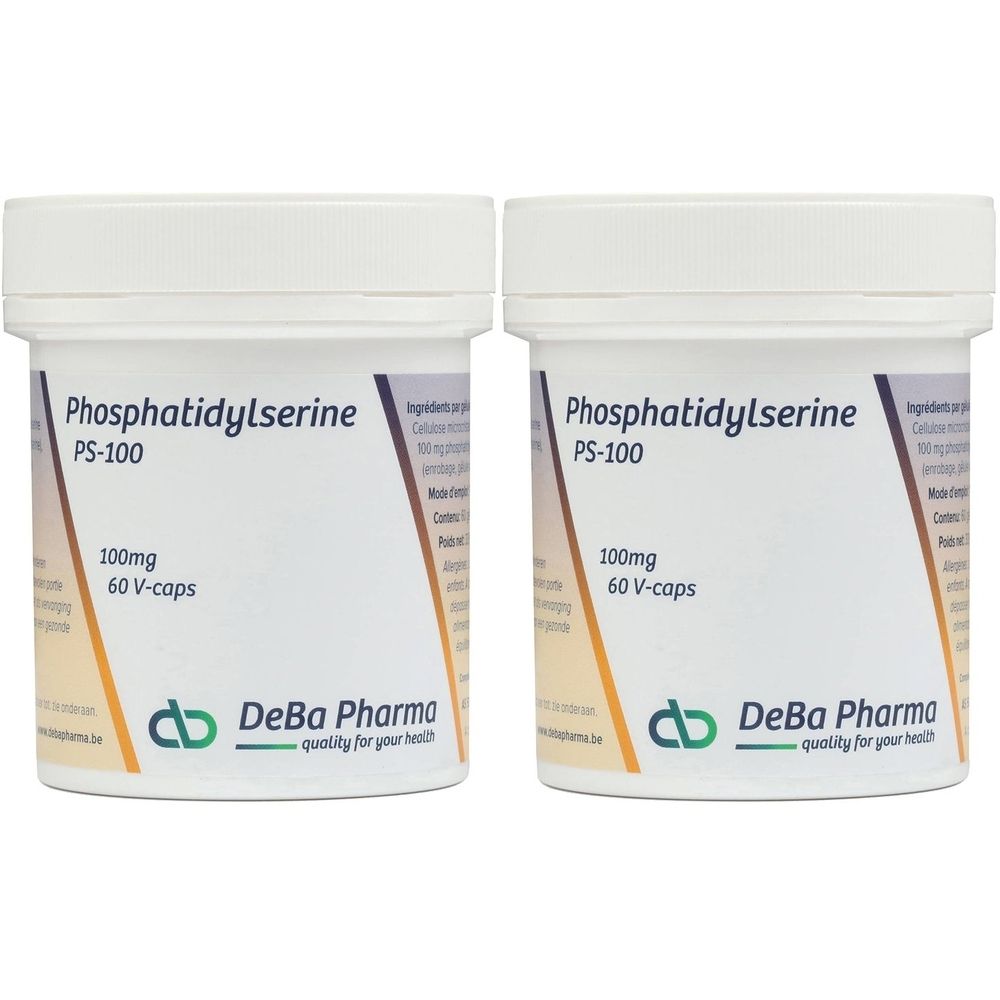 Twee witte potten met opschrift Phosphatidylserine PS-100, 100mg, 60 V-caps. Merk DeBa Pharma.