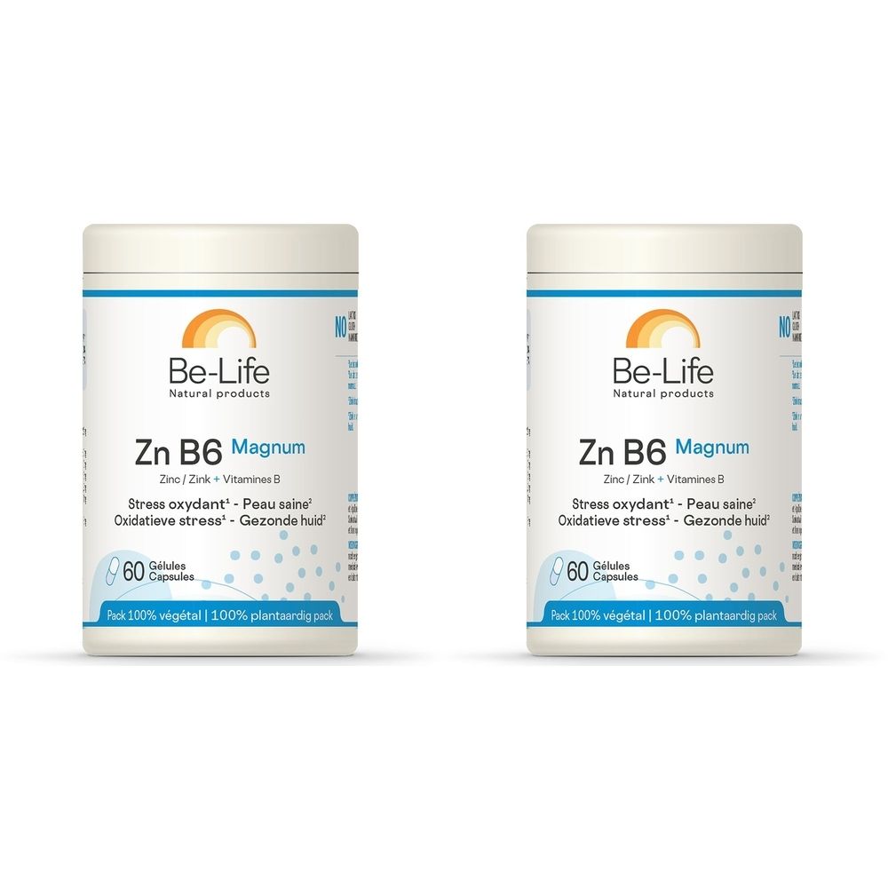 Twee witte potten met "Be-Life Zn B6 Magnum". Opschriften: "Stress oxydant", "Peau saine", "Gezonde huid". Bevat 60 capsules.