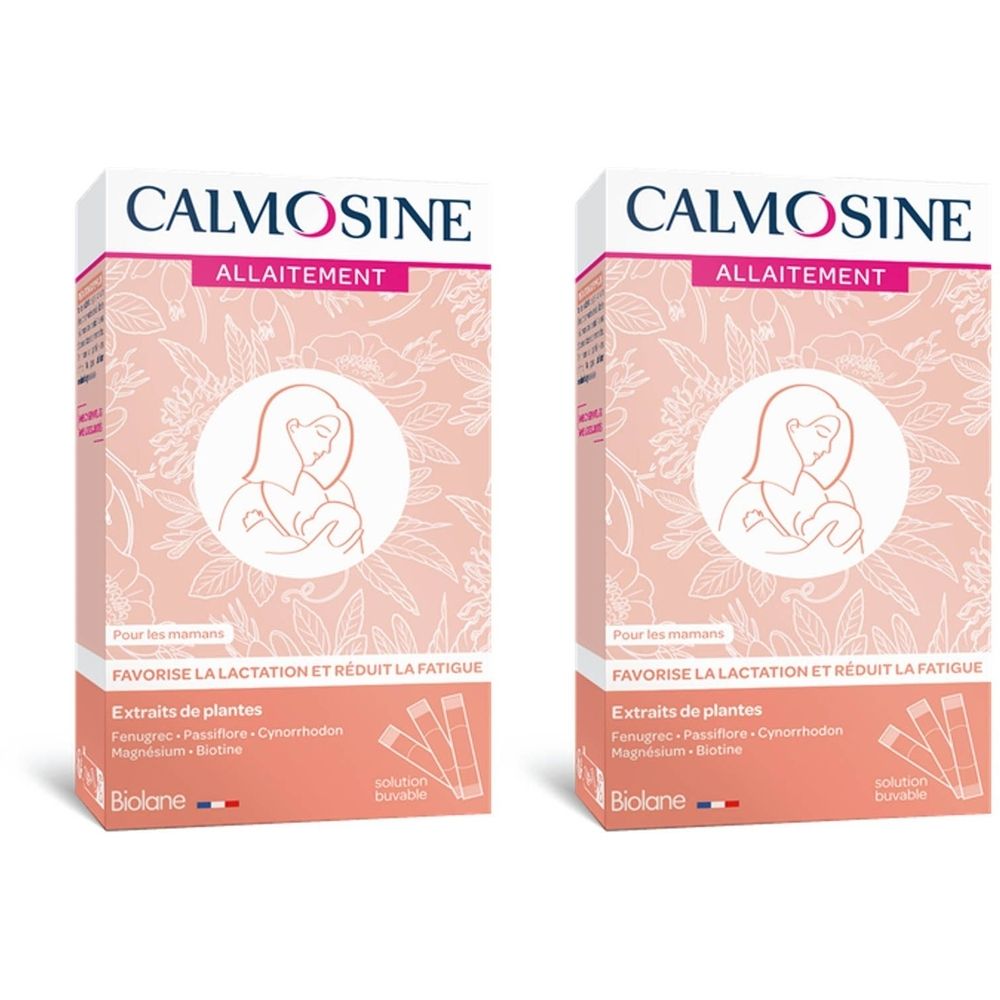 Deux boîtes CALMOSINE ALLAITEMENT. Texte : « Favorise la lactation et réduit la fatigue ». Illustration d'une femme allaitant.