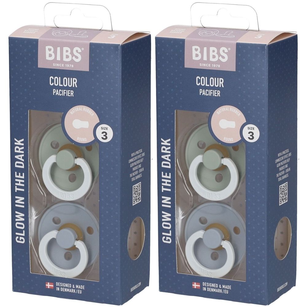 Twee verpakkingen fopspenen. Elke verpakking bevat twee groene en grijze fopspenen. Zichtbaar: BIBS-logo, maat 3.