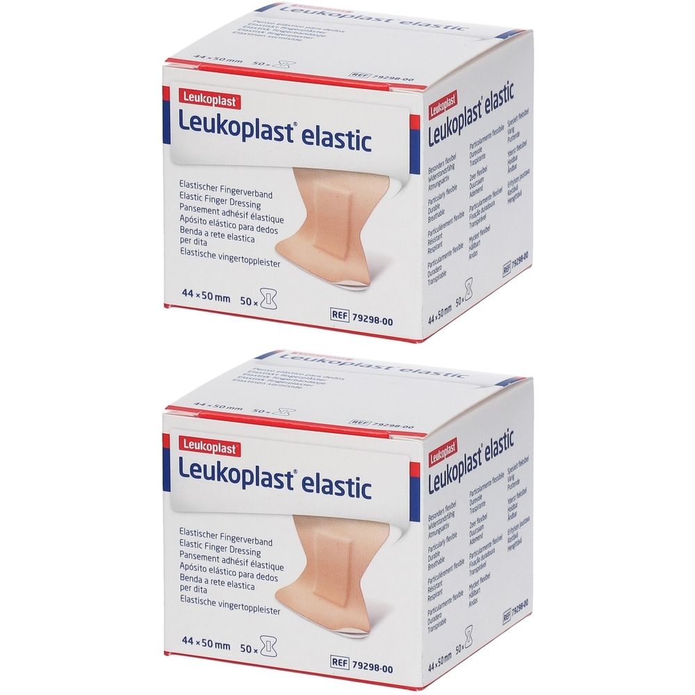 Twee dozen Leukoplast elastic. Elke doos toont een vingerverband. Afmetingen: 44 x 50 mm.